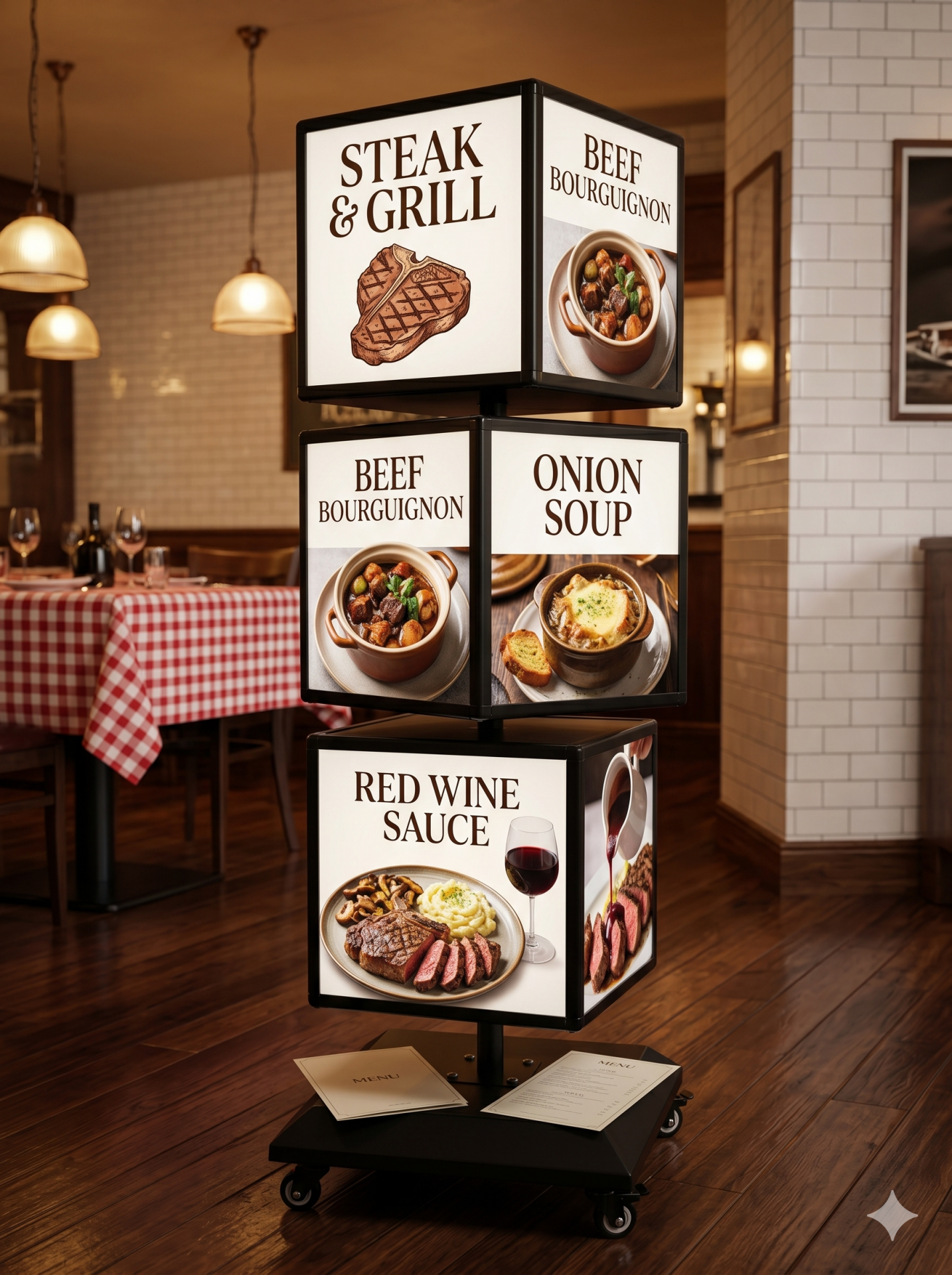 Thiết kế Hộp đèn xoay 3 tầng sang trọng cho menu Bít tết và rượu vang.